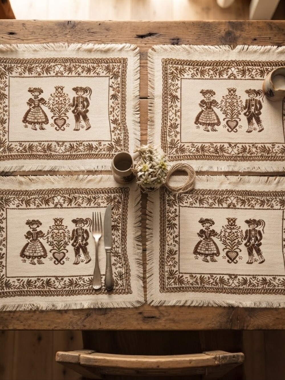 Vintage Austrian Woven Placemats Set of 4 Folk Art Brown Linen Cotton